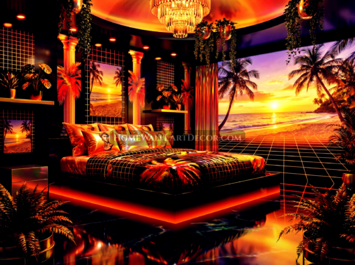 Bold Orange Black and Red Vaporwave Tropical Bedroom with Vaporwave Wall Art