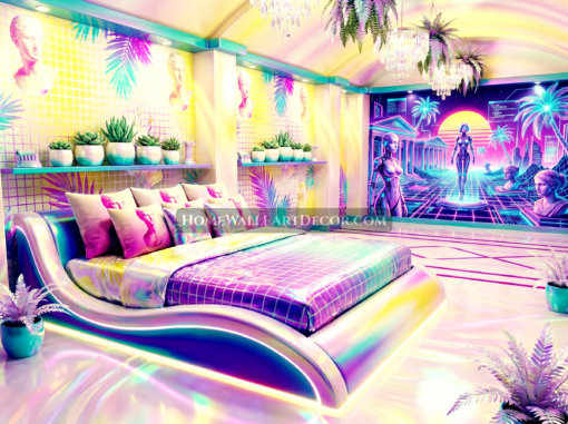 Bright Energetic Yellow and Purple Vaporwave Room Decor Ideas - Dream Vaporwave Floral Bedroom Interior Design Idea