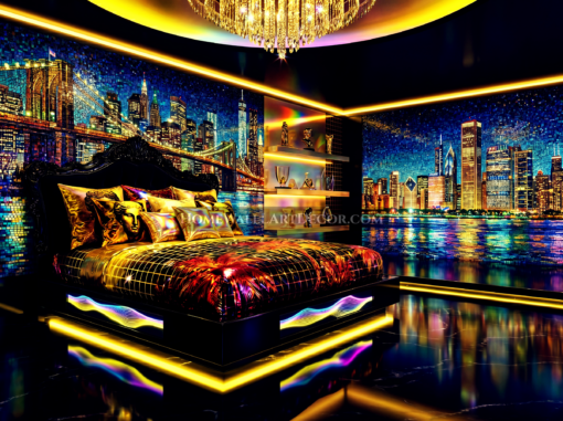 City Skyline Luxurious Vaporwave Room Decor Idea - Dream Vaporwave Urban Bedroom with City Skyline