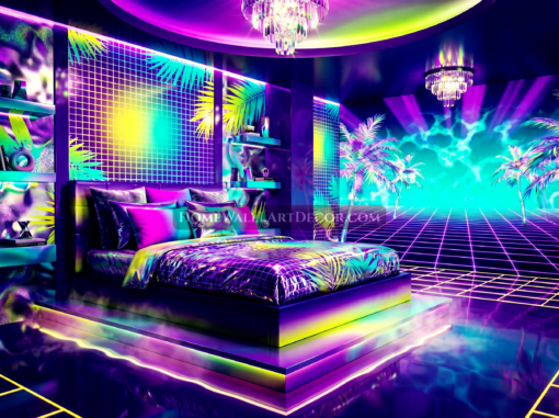 Dreamy Purple Yellow and Blue Vaporwave Bedroom Interior Design Idea