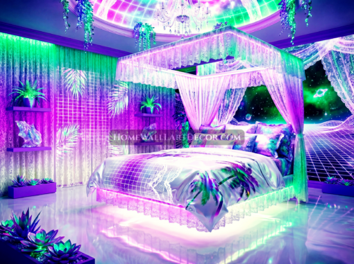 Futuristic Purple White and Pink Ombre Vaporwave Bedroom Interior Design