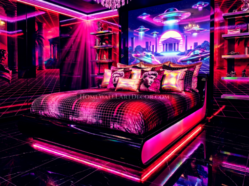 Psychedelic Trippy Pink Black and Purple Vaporwave Room Decor ideas - UFO Vaporwave Bedroom Decor Idea