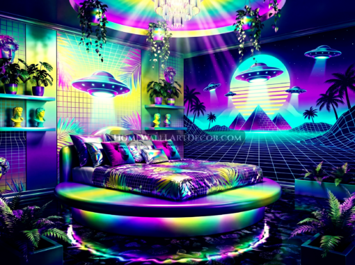 Psychedelic Trippy UFO Vaporwave Room Decor Idea - Galactic UFO Abduction Neon Vaporwave Bedroom
