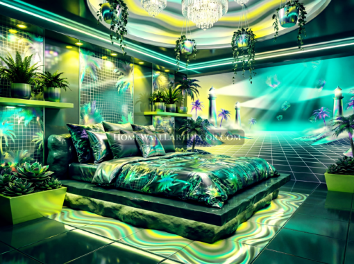 Stormy Beach Tropical Vaporwave Bedroom Interior Design Idea