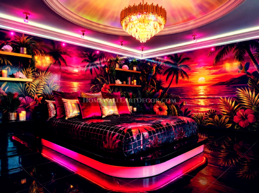 Tropical Floral Sunset Vaporwave Bedroom Interior - Bold Nature Vaporwave Room Decor Ideas