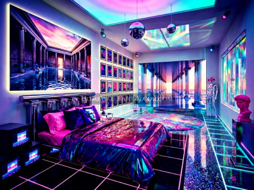 Vaporwave Room Decor - Chic Murals Dream Vaporwave Bedroom Interior Design Idea
