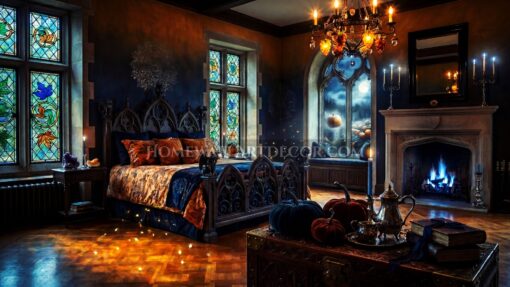 Autumn Equinox Bedroom Halloween Gothic Decor in Midnight Blue, Pumpkin Orange, and Stained Glass Glow