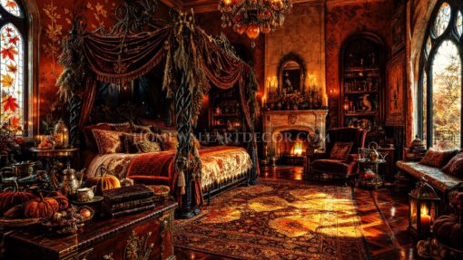 Autumn Harvest Manor Bedroom Victorian Fall Decor in Burnt Orange, Mahogany, and Candlelit Gold