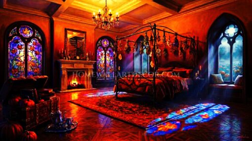 Autumn Witch Cottage Bedroom Stained Glass Halloween Decor in Amber, Cobalt, and Pumpkin Orange