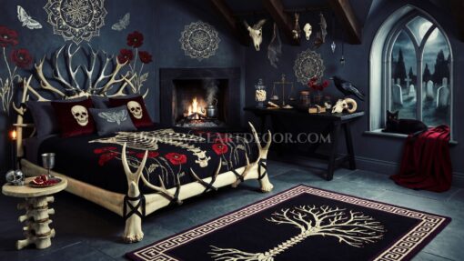Bone Witch Bedroom Skeleton Gothic Decor in Charcoal, Ivory, and Blood Red Poppy