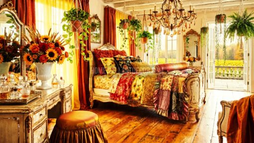 Charming Sunflower Floral Shabby Chic Fall Maximalist Bedroom