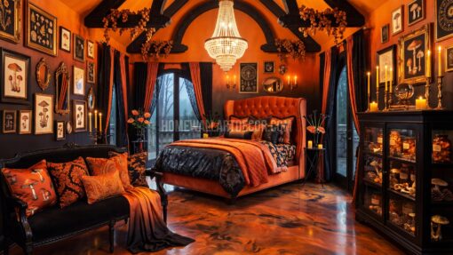 Dark Academia Burnt Orange and Black Ombre Fall Maximalist Bedroom
