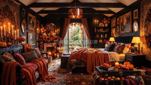 Dark Moody Rustic Fall Maximalist Bedroom idea featuring candles and warm textiles