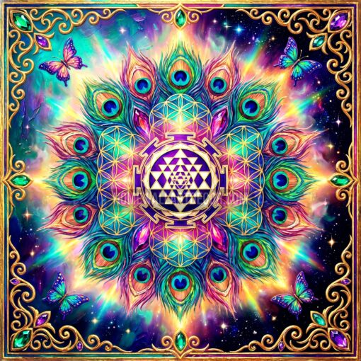 Dreamy Blue Peacock Cosmic Printable Sacred Geometry Mandala Art