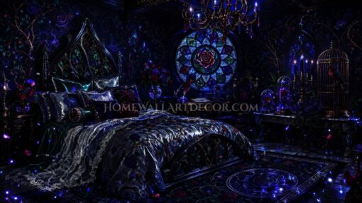 Enchanted Rose Cathedral Bedroom Gothic Stained Glass Decor in Sapphire, Midnight, and Jewel-Toned Bloom