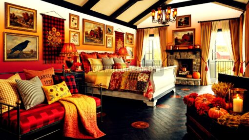 Energetic Ombre Bright Dream Fall Maximalist Bedroom with Throw blankets and bold patterns