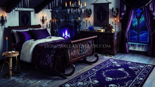 Frozen Gothic Winter Bedroom Icicle Cathedral Decor in Midnight Purple, Frostbite Blue, and Witchfire Violet