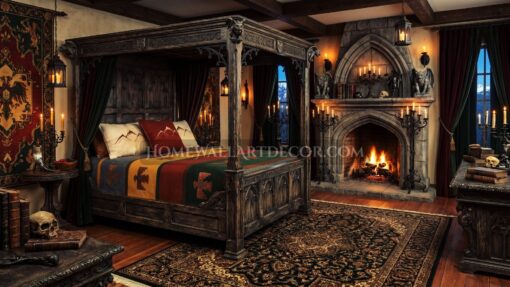 Highland Keep Bedroom Rustic Medieval Gothic Decor in Walnut, Crimson, and Forest Green