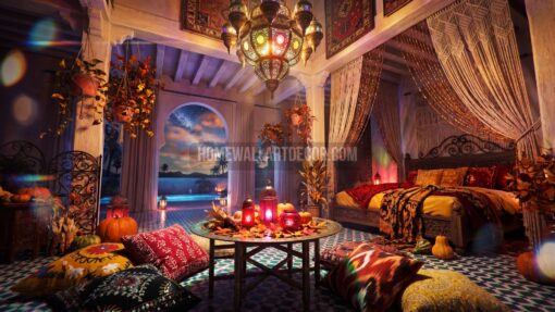 Luxurious Bohemian Fall Maximalist Bedroom with Exposed Beams and high Ceiling