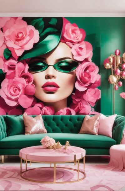 Luxurious Pink Emerald Interior Design Glam Living Room Fashion Art by Pamela Arsena