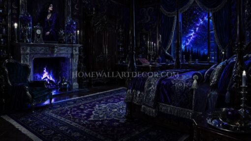 Midnight Sorceress Bedroom Celestial Gothic Decor in Sapphire, Obsidian, and Silver Moonlight
