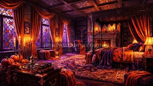 Painted Pumpkin Chamber Gothic Halloween Cottage Decor in Plum, Pumpkin, and Stained Glass Violet