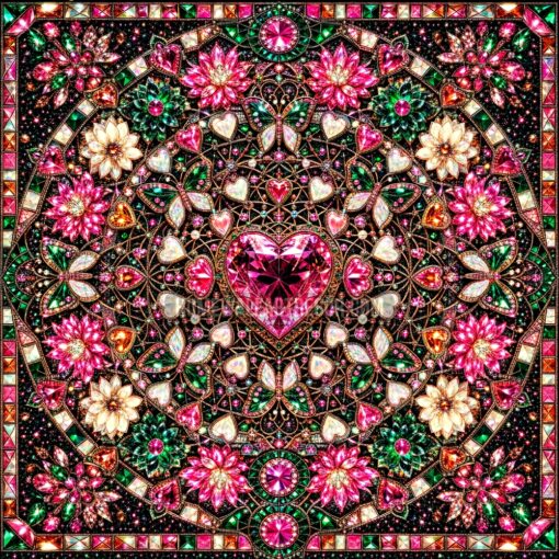 Pink and Green Rhinestone Crystal Heart & Flower Printable Sacred Geometry Mandala Art