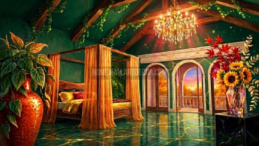 Refreshing Green and Burnt Orange Biophilic Fall Maximalist Bedroom