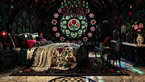 Rose Cathedral Bedroom Gothic Stained Glass Decor in Black, Crimson, and Emerald Rose Romance