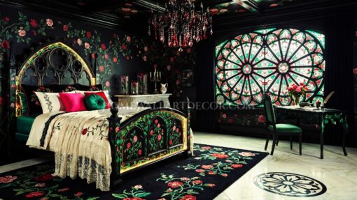 Rose Garden Gothic Bedroom Cathedral Window Decor in Black, Emerald, and Rose Pink