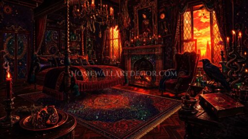 Sorceress Sanctum Bedroom Dark Academia Witch Decor in Crimson, Obsidian, and Sunset Glow