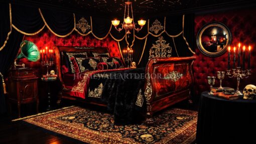 Vampire Aristocrat Bedroom Victorian Gothic Decor in Crimson, Mahogany, and Antique Gold