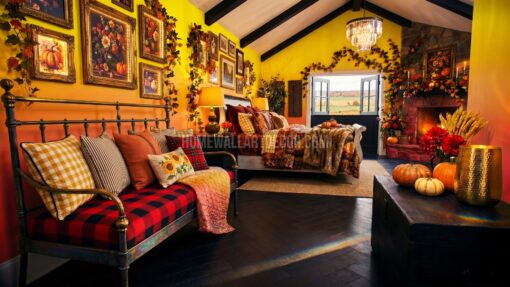 Warm Yellow and Orange Botanical Fall Maximalist Bedroom
