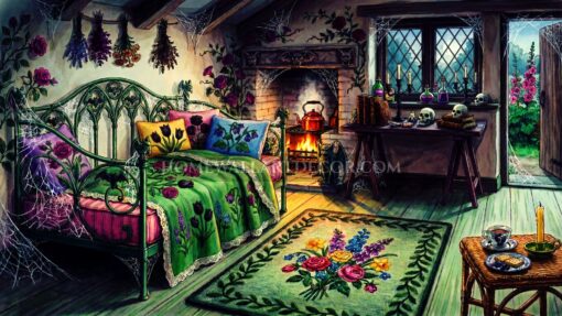 Witch's Cottage Bedroom Storybook Gothic Cottagecore in Emerald, Magenta, and Cobwebbed Charm