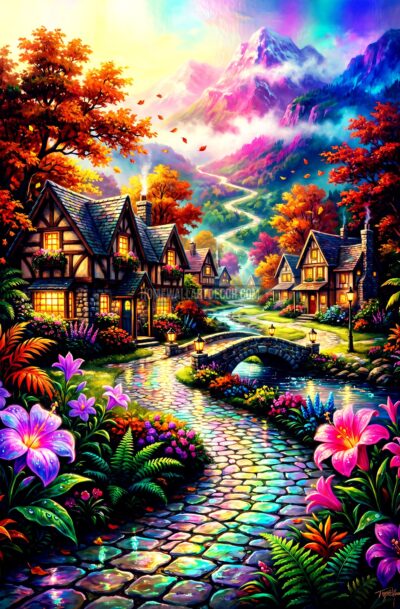 fall village wall art, glowing Tudor cottages, cobblestone path, autumn foliage, vibrant mountains, digital art download