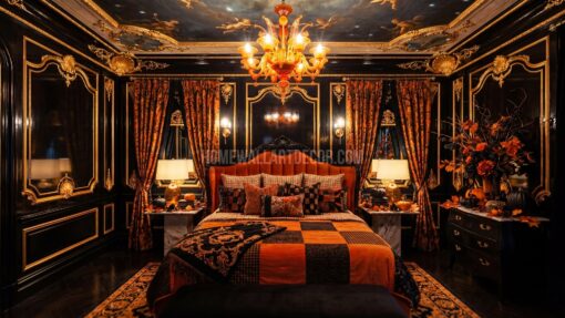Dark Academia Gilded Gold, Black and Orange Dreamy Dark Luxurious Fall Rococo Bedroom