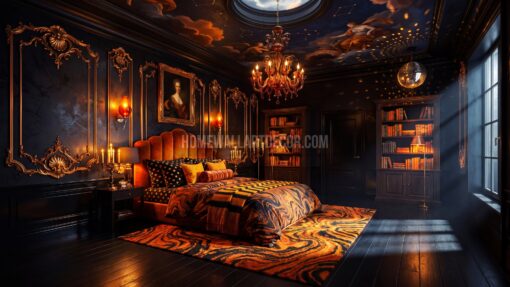 Dark Moody Jet Black and Orange Fall Rococo Bedroom Interior Design Idea