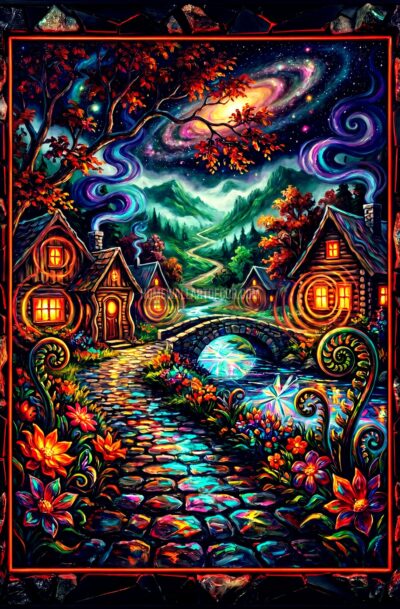autumn portrait wall art, glowing cottages cobblestone path spiral galaxy swirling sky vivid fantasy, digital art download