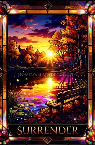 Surrender autumn tarot art with a lakeside bench in stained glass color