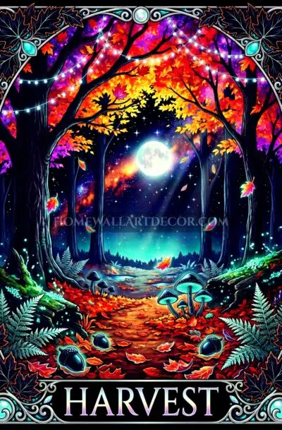 Printable tarot wall art autumn harvest moon design with glowing forest archway