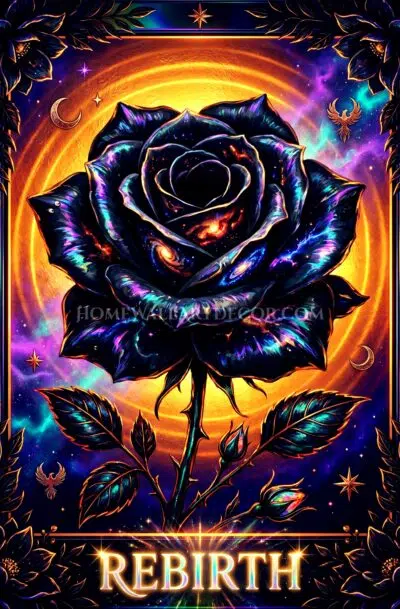 Black rose rebirth tarot card art ringed by a golden solar halo