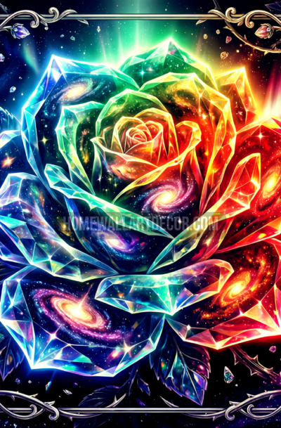 crystal rose galaxy wall art, prismatic faceted rose with spiral galaxies, aurora colors, ornate silver frame, digital art download