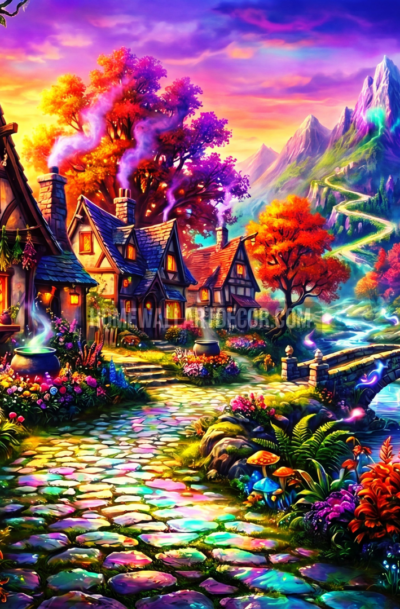 fall fairytale wall art, glowing witch cottage, cauldron, black cat, rainbow mushrooms, cobblestone path, sunset sky, digital art download