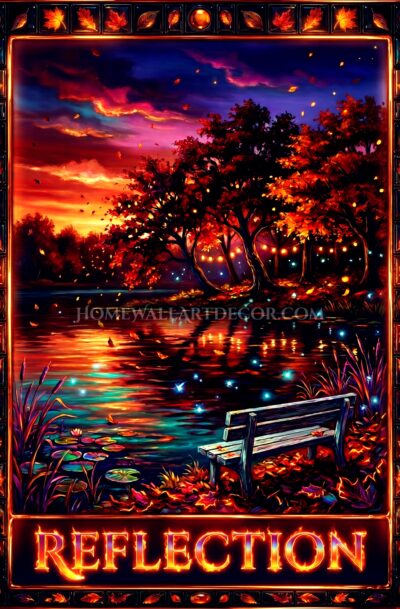 fall tarot wall art, glowing autumn pond with bench, crimson sunset reflection, fireflies, digital art download