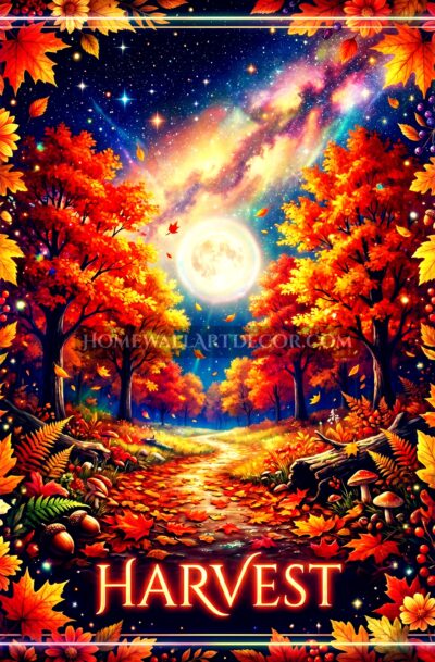 harvest tarot wall art, glowing full moon over crimson autumn forest path with starry sky and falling leaves, digital art download