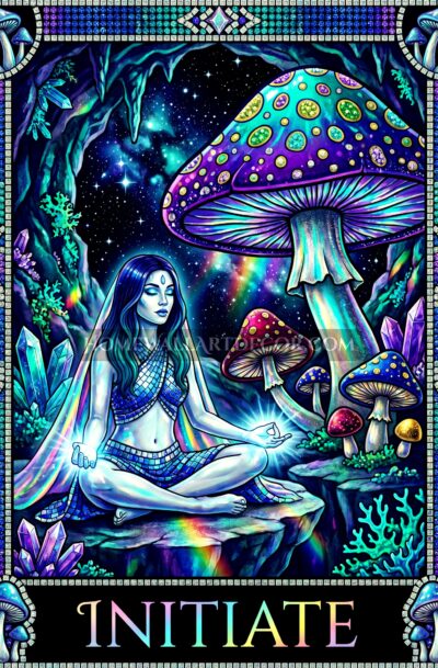 mystic mushroom goddess, meditating woman with crystals, cosmic galaxy mushrooms, teal purple rainbow, digital art download