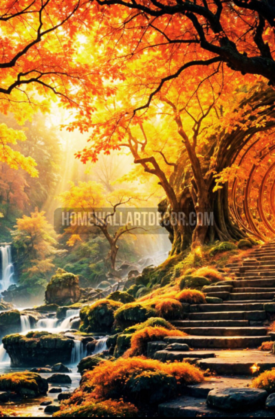printable fall landscape wall art, glowing autumn portal staircase waterfall orange gold forest, digital art download