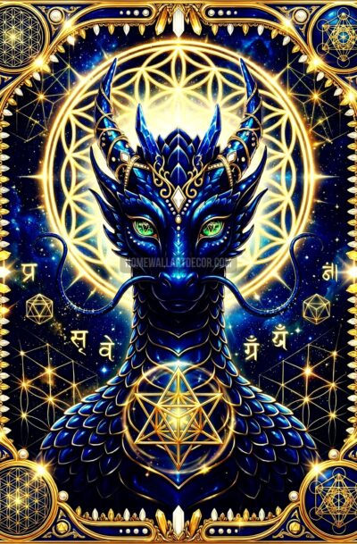 sacred dragon wall art, cobalt blue dragon with flower of life, gold sacred geometry, green eyes, cosmic galaxy, digital art download