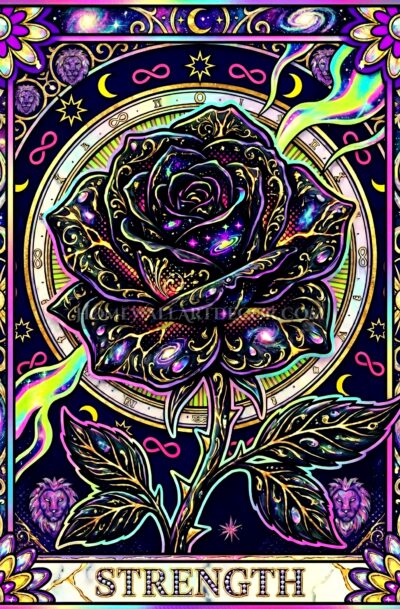 strength tarot wall art, cosmic black rose with gold filigree, lion crests, infinity symbols, deep violet galaxy palette, digital art download