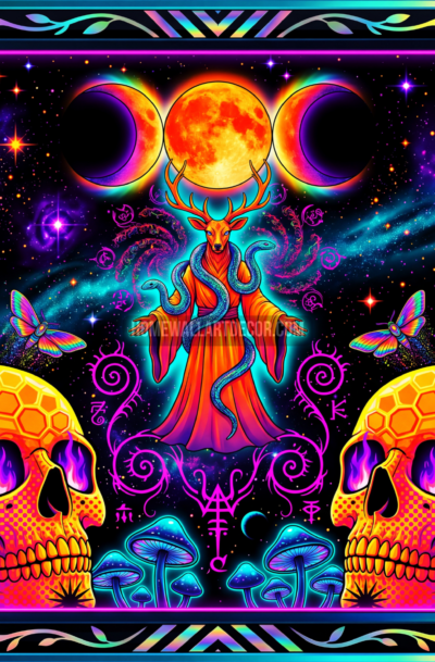 triple moon goddess wall art, antlered deity with snakes, neon skulls, mushrooms, butterflies, cosmic galaxy, digital art download